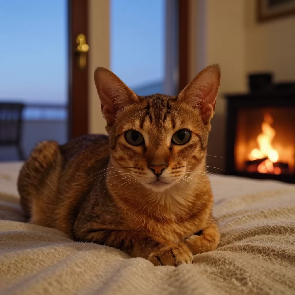 Havana Cat Lounging Near Window in Jounieh in on a bedspread near a bright window with calm indoor light in Jounieh