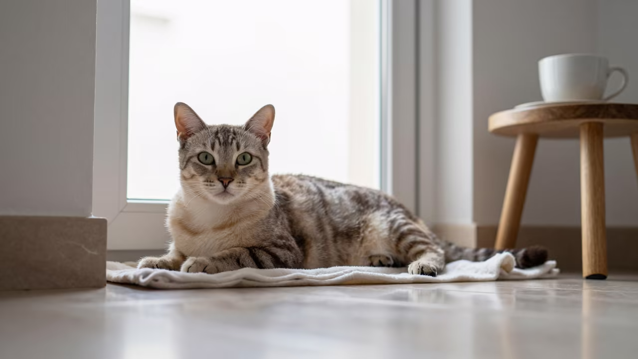 Havana Cat Lounging on Bedspread Near Window in on a bedspread near a bright window with calm indoor light in Palma de Mallorca