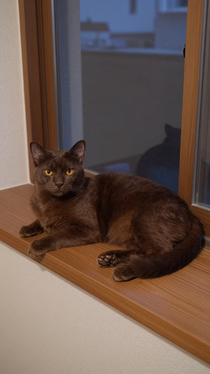 Havana Cat on Kyoto Window Seat Twilight in on a window seat in a quiet apartment with soft side light in Gion, Kyoto