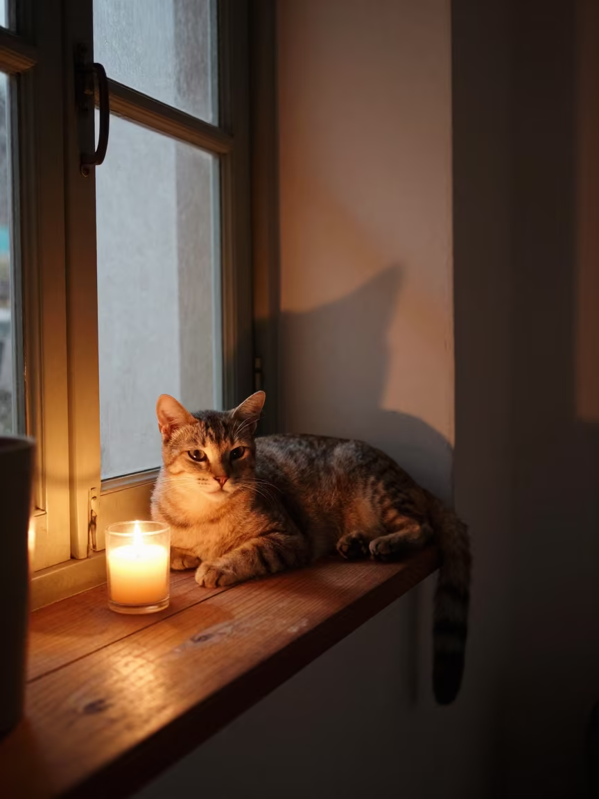 Havana Cat on Window Seat in Kanpur Twilight in on a window seat in a quiet apartment with soft side light in Kanpur