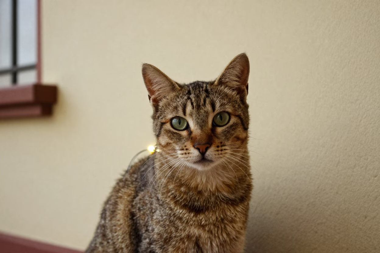 Havana Cat Portrait Beside Plaster Wall in Fallujah in beside a plain plaster wall in soft indoor light with the animal centered in frame in Fallujah