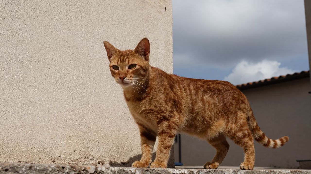 Havana Cat Portrait by Courtyard Wall in Reggio Emilia in beside a plain courtyard wall in clear daylight with the animal at eye level in Reggio Emilia