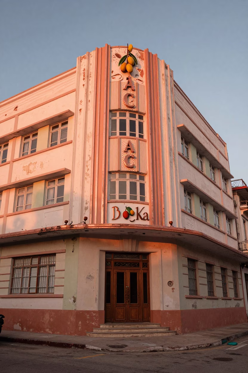 Havana Cuba Art Deco Hotel Facade and Mangoes in Copper Toned Light Before Dusk in in Havana, Cuba