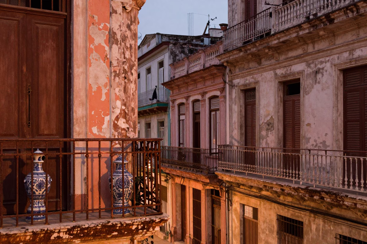 Havana Cuba Balcony Scene with Blue White Porcelain and Orange Peel Before Dusk in in Havana, Cuba