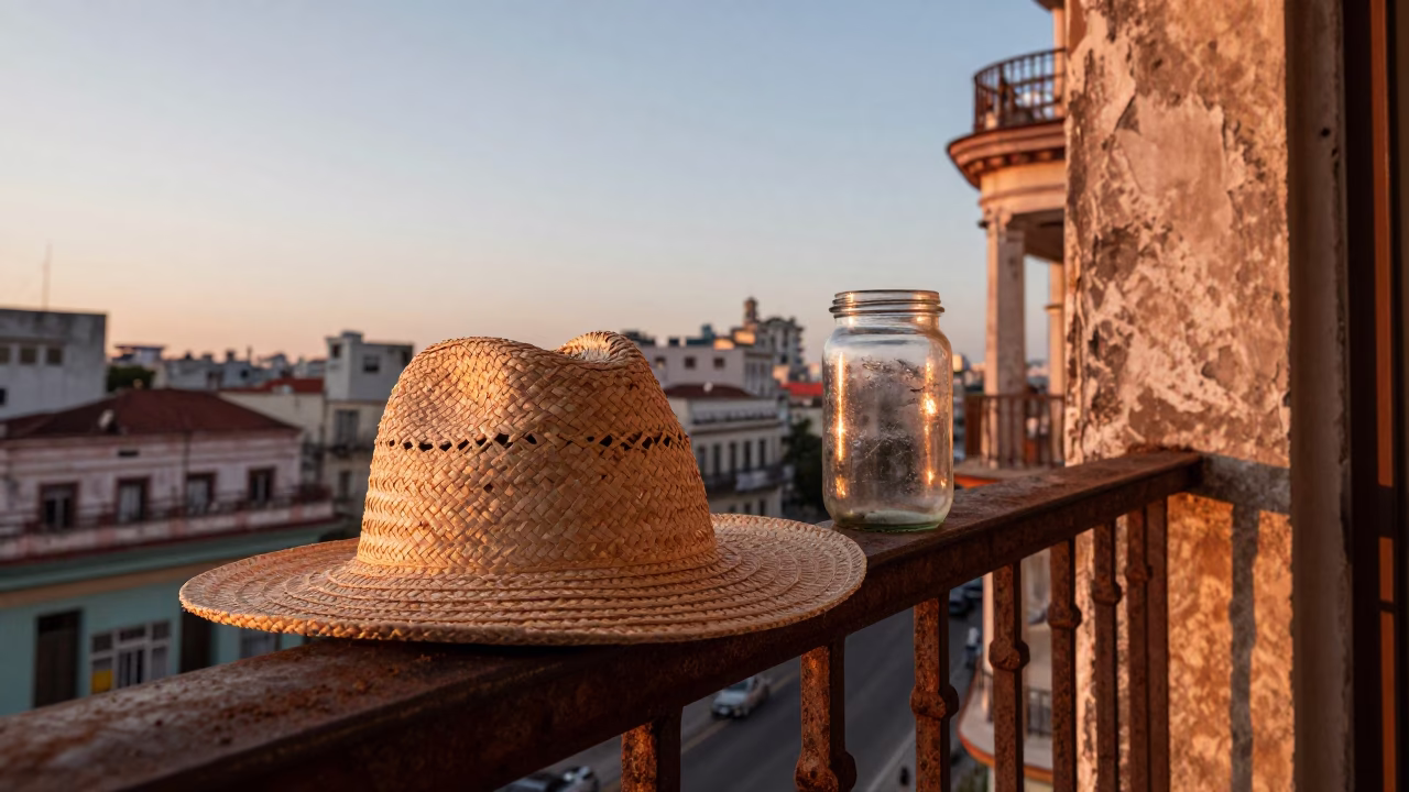 Havana Cuba Before Dusk Sun Hat and Glass Jar on Balcony in in Havana, Cuba