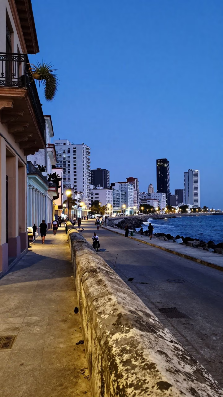 Havana Cuba Blue Hour Skyline and Malecon Promenade Street Life in in Havana, Cuba