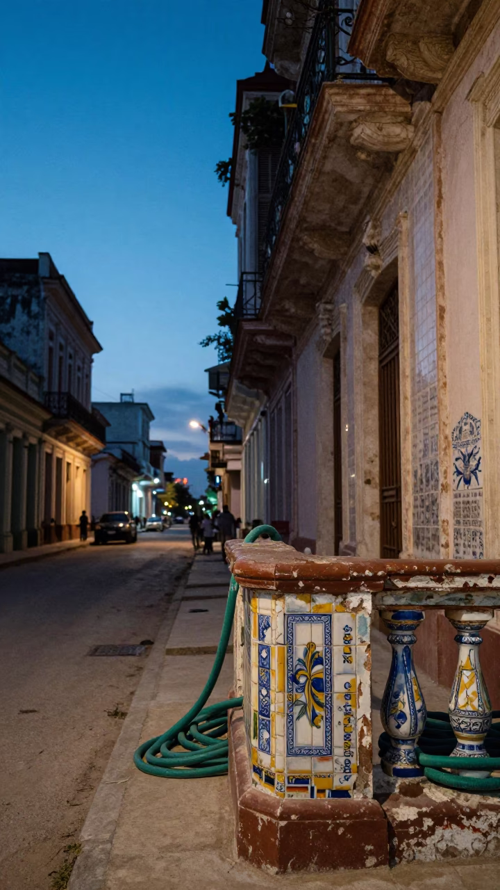 Havana Cuba Blue Hour Street Scene Majolica Tiles and Garden Hose Detail in in Havana, Cuba