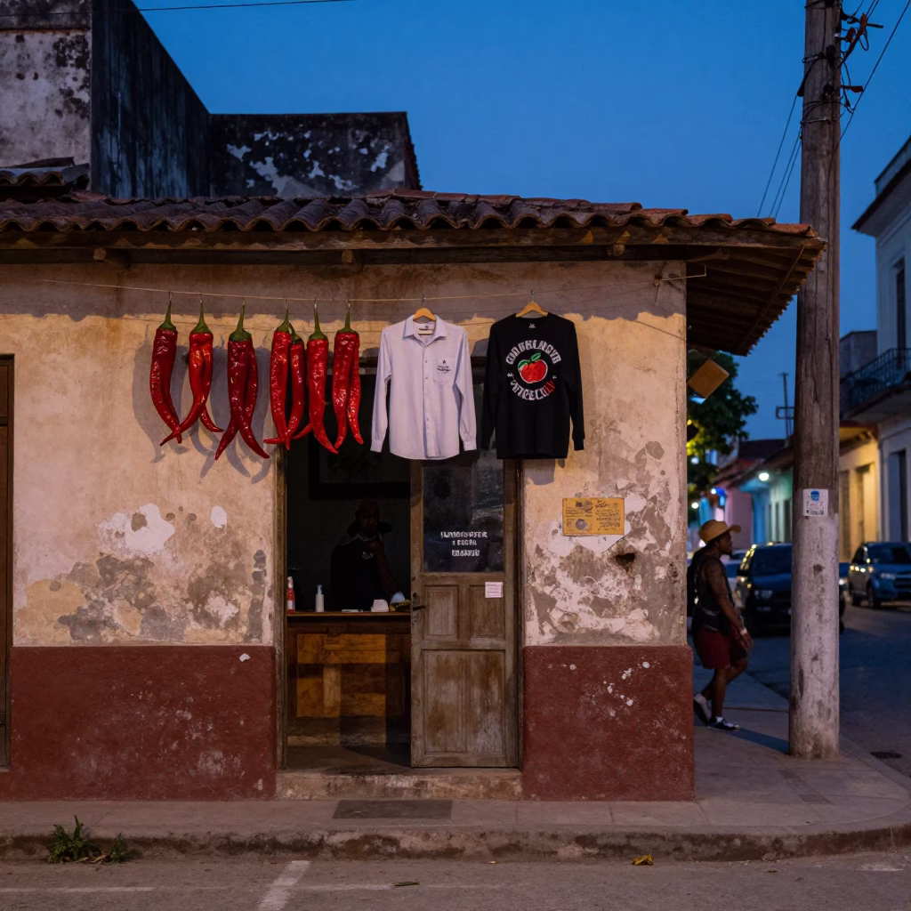 Havana Cuba Blue Hour Street Scene with Chili Peppers and Shirt Hanger in in Havana, Cuba