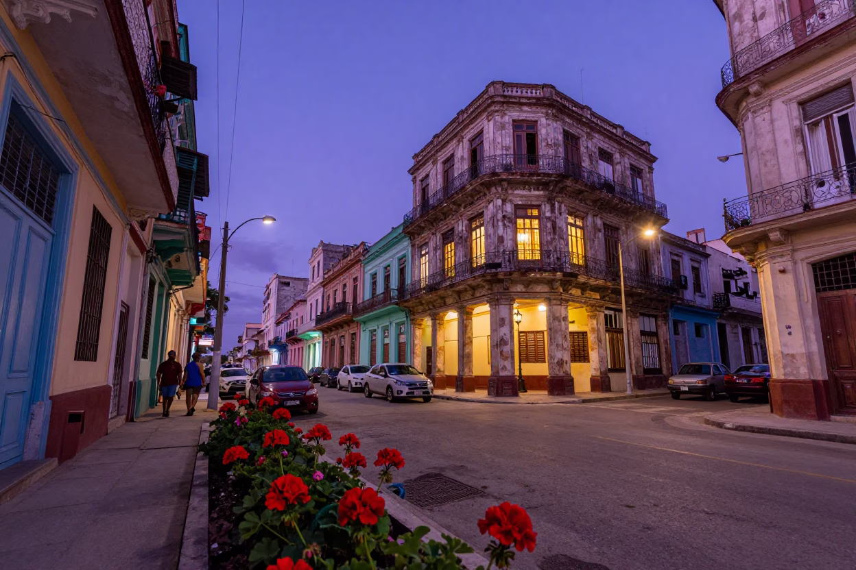 Havana Cuba Blue Hour Street Scene with Geraniums and Overpass Ramp in in Havana, Cuba