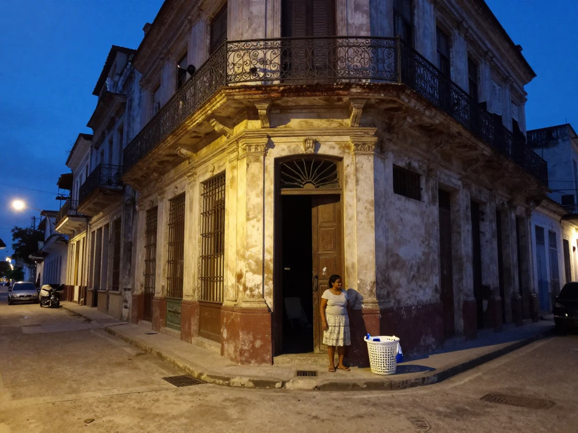 Havana Cuba Blue Hour Street Scene with Laundry Basket and Lived-In Architecture in in Havana, Cuba