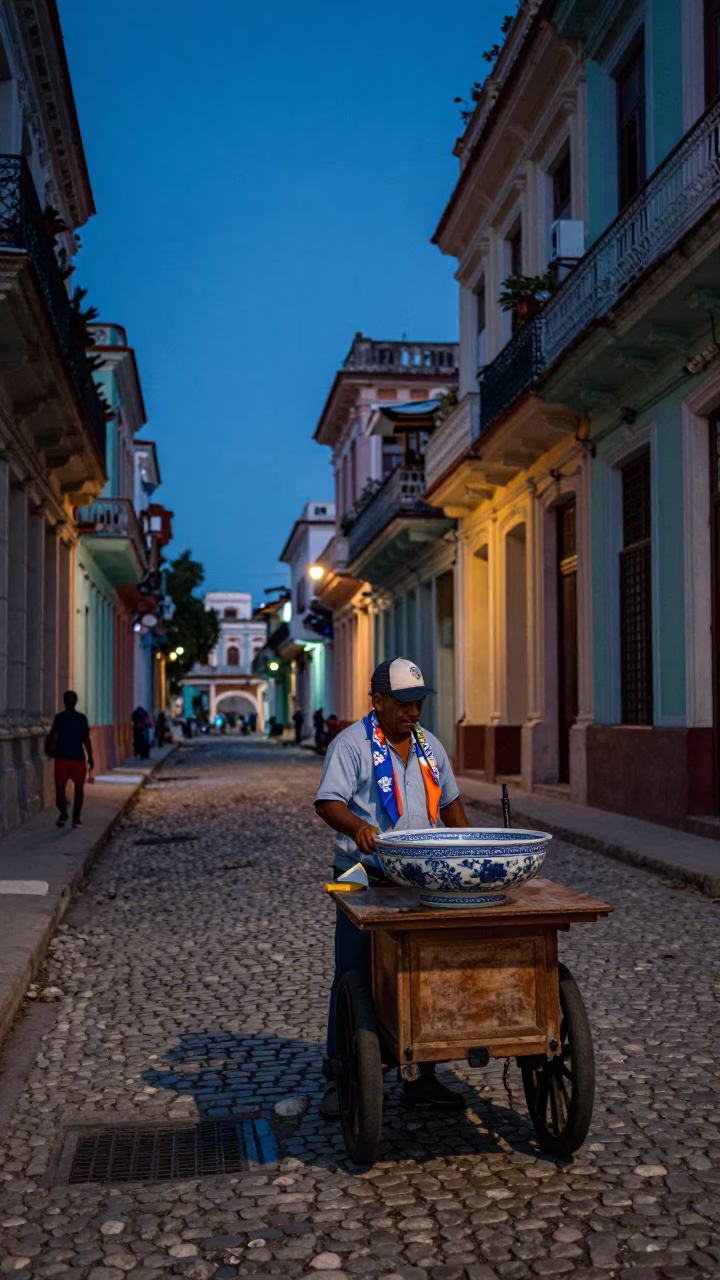 Havana Cuba Blue Hour Street Scene with Porcelain Bowl and Scarf in in Havana, Cuba
