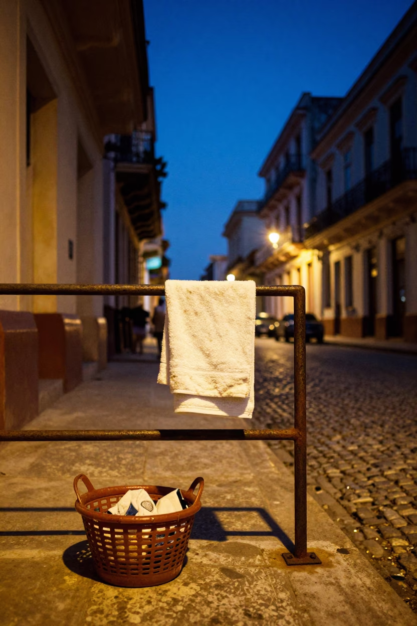 Havana Cuba Blue Hour Street Scene with Towel Rail and Mending Basket in in Havana, Cuba