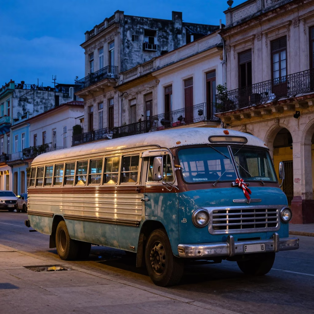 Havana Cuba Blue Hour Street Scene with Vintage Bedford Bus and Scarf in in Havana, Cuba