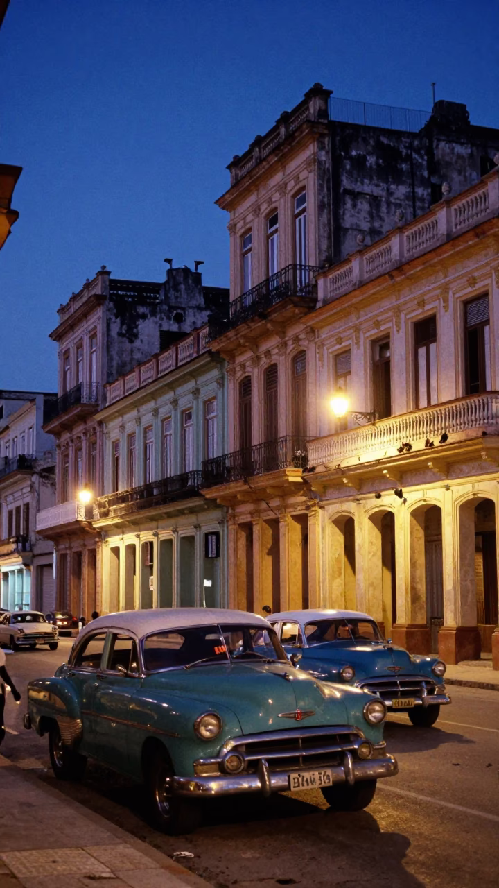 Havana Cuba Blue Hour Street Scene With Vintage Cars And Colonial Architecture in in Havana, Cuba