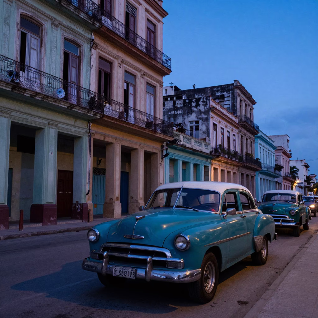 Havana Cuba Blue Hour Street Scene with Vintage Cars and Local Life in in Havana, Cuba