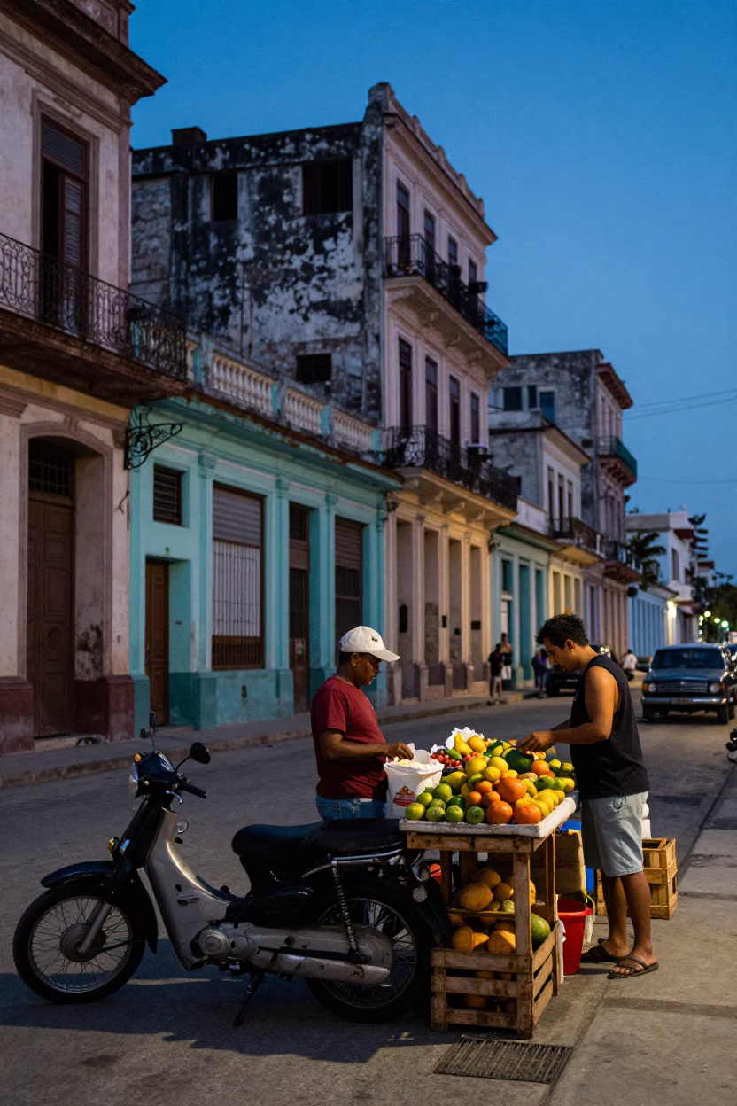 Havana Cuba Blue Hour Street Scene with Vintage Motorcycle and Local Commerce in in Havana, Cuba