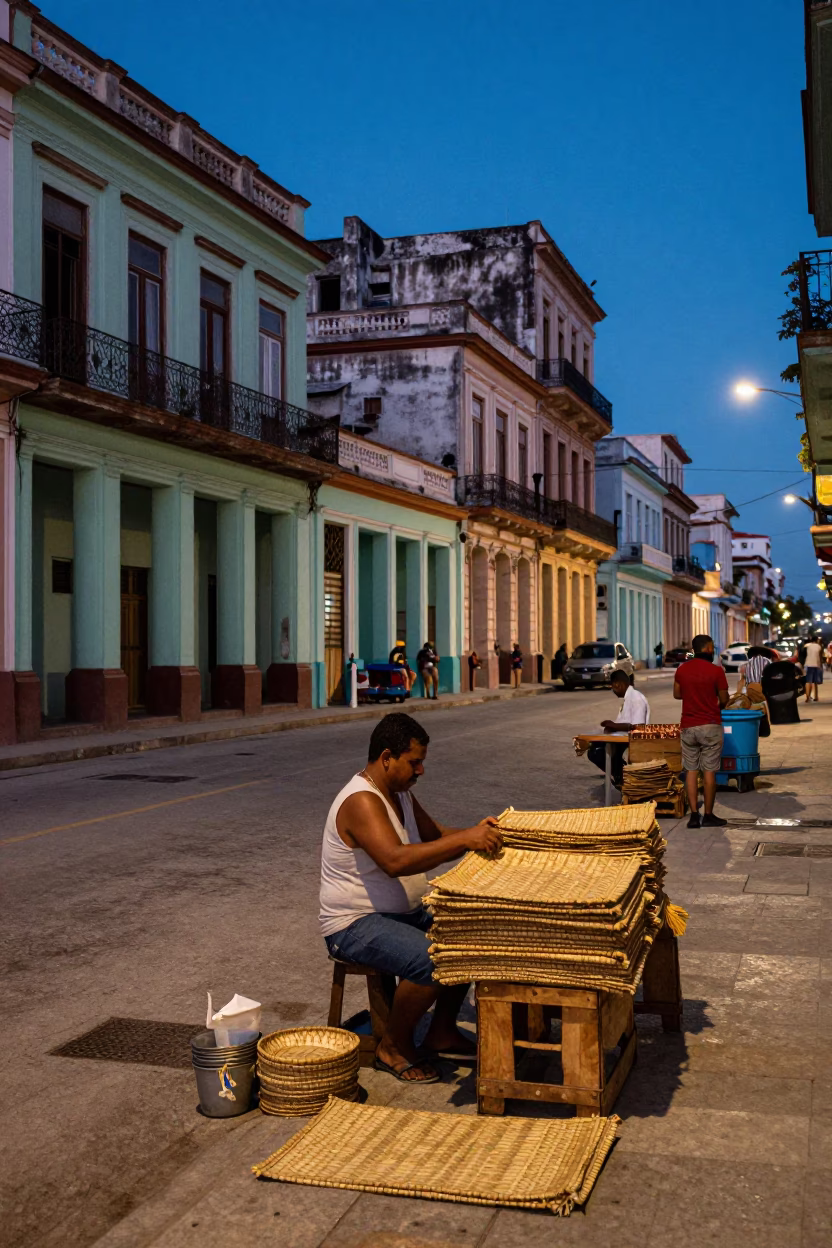 Havana Cuba Blue Hour Street Scene with Woven Mats and Local Life in in Havana, Cuba