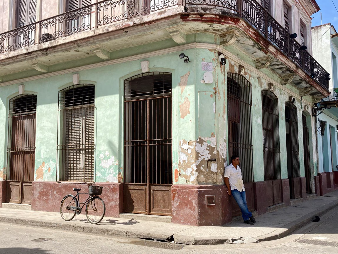 Havana Cuba Bright Midmorning Street Scene With Bicycle Basket And Lived In Architecture in in Havana, Cuba