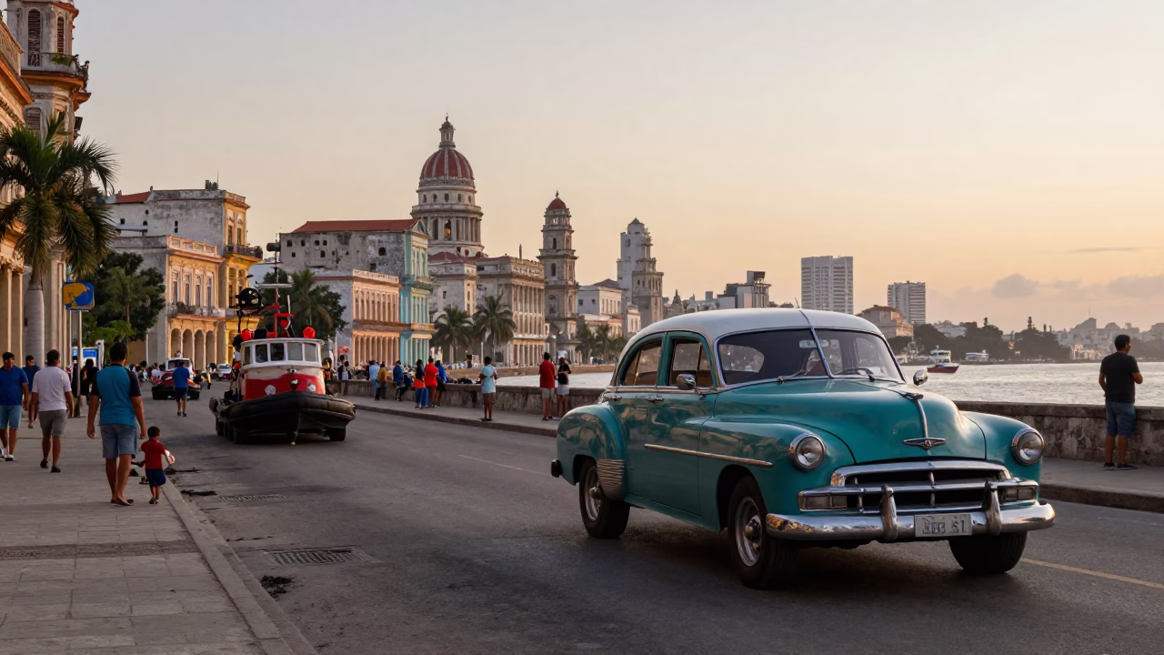 Havana Cuba Dawn Street Scene Vintage Car Rally with Tugboat in Harbor in in Havana, Cuba