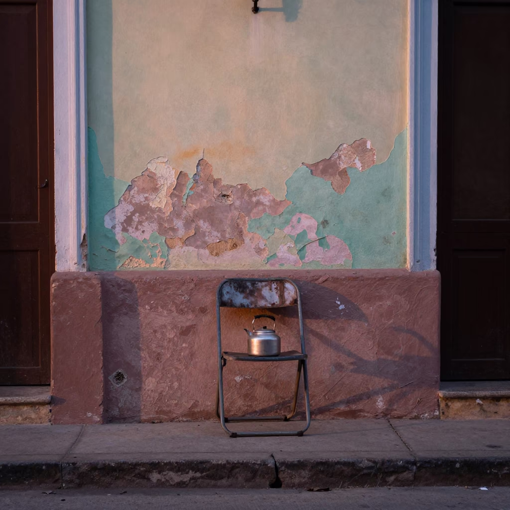 Havana Cuba Dawn Street Scene with Folding Chair and Kettle in in Havana, Cuba
