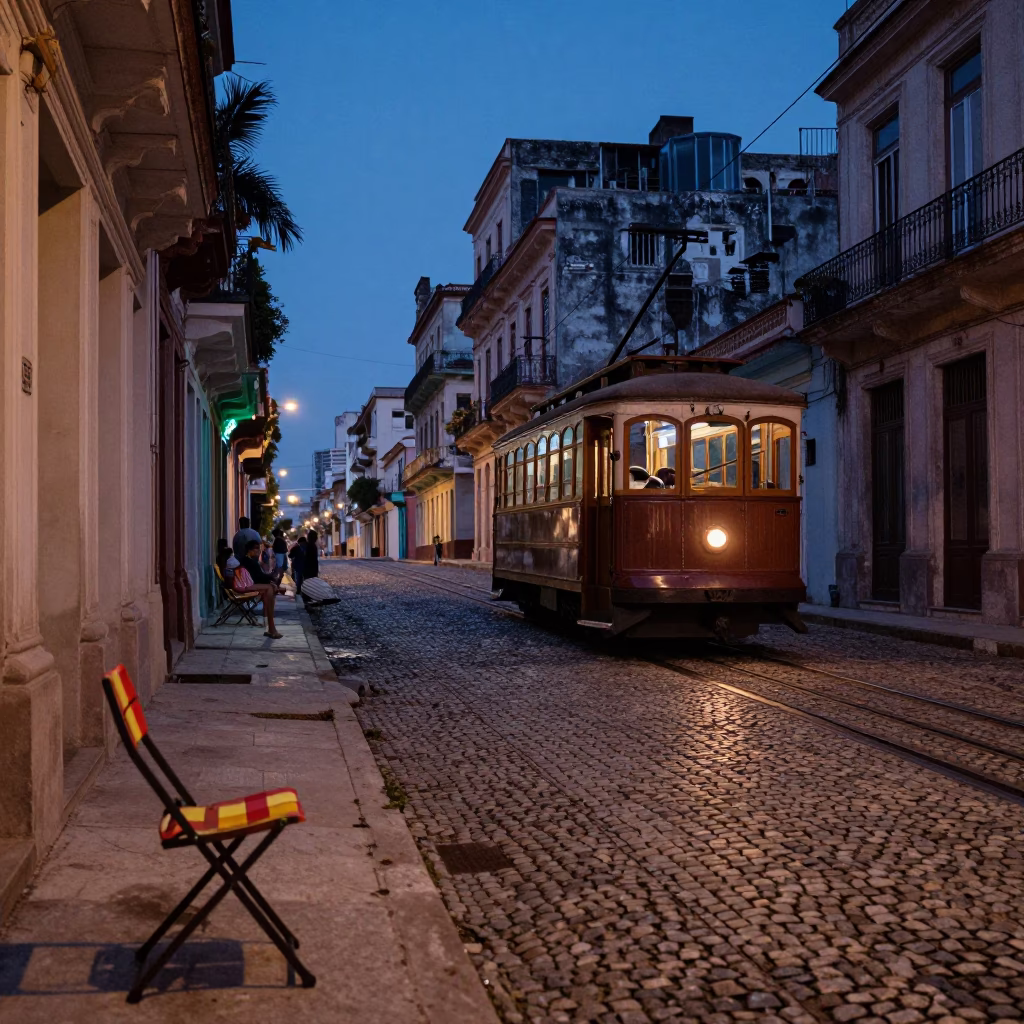 Havana Cuba Dawn Street Scene with Funicular and Folding Chair in in Havana, Cuba