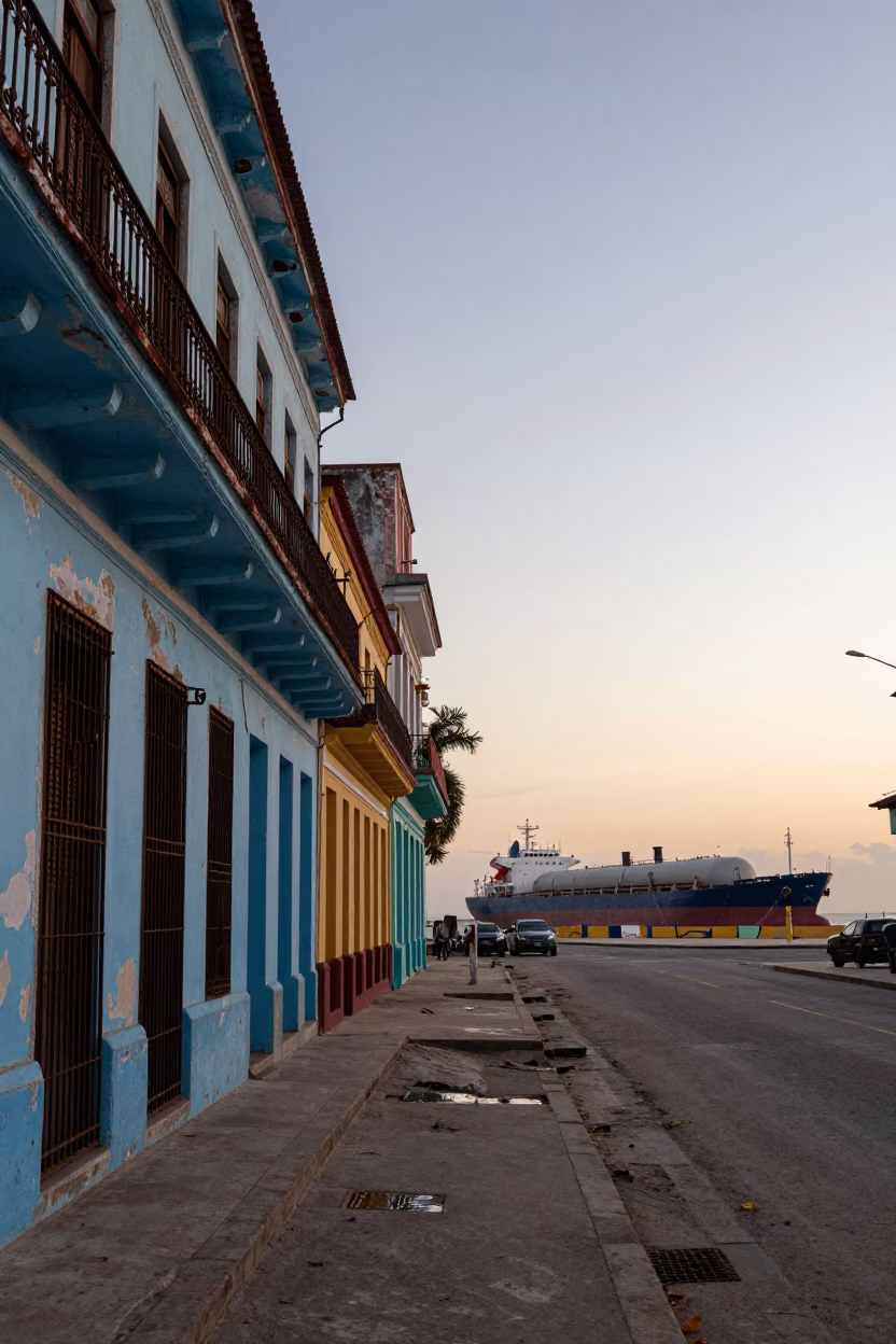 Havana Cuba Dawn Street Scene with Tanker Ship and Colorful Colonial Architecture in in Havana, Cuba