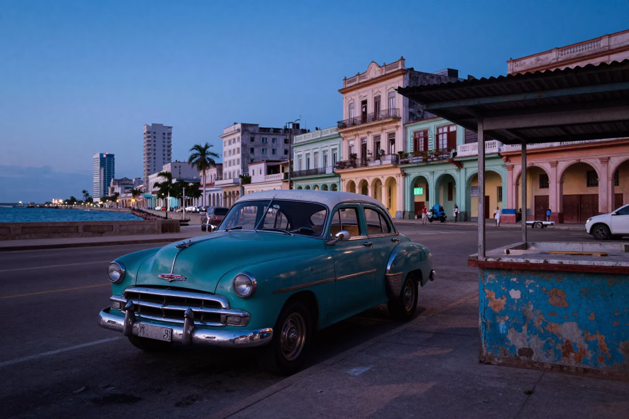 Havana Cuba Dawn Street Scene with Vintage American Car and Colorful Painted Crate in in Havana, Cuba