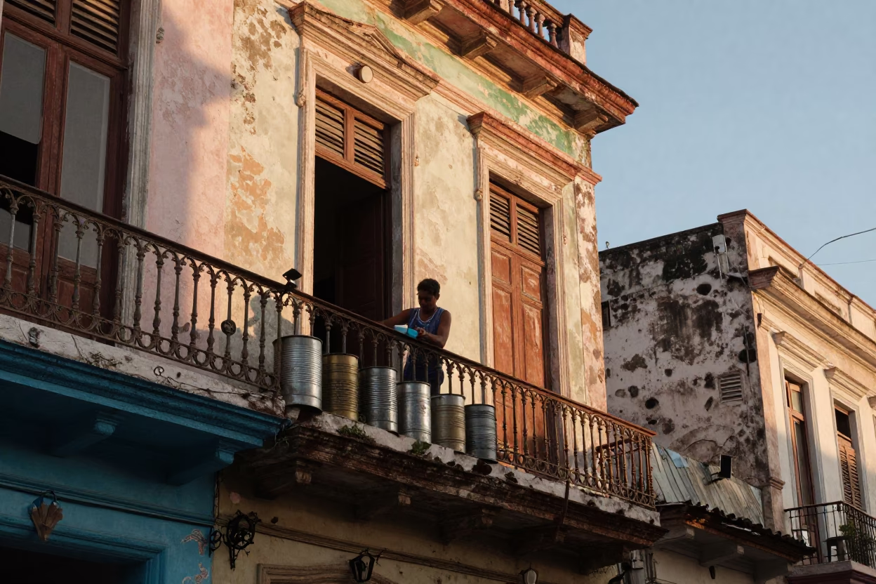 Havana Cuba Dawn Street Scene with Vintage Canister Set on Balcony in in Havana, Cuba