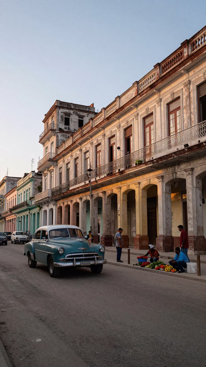 Havana Cuba Dawn Street Scene with Vintage Car and Morning Activity in in Havana, Cuba