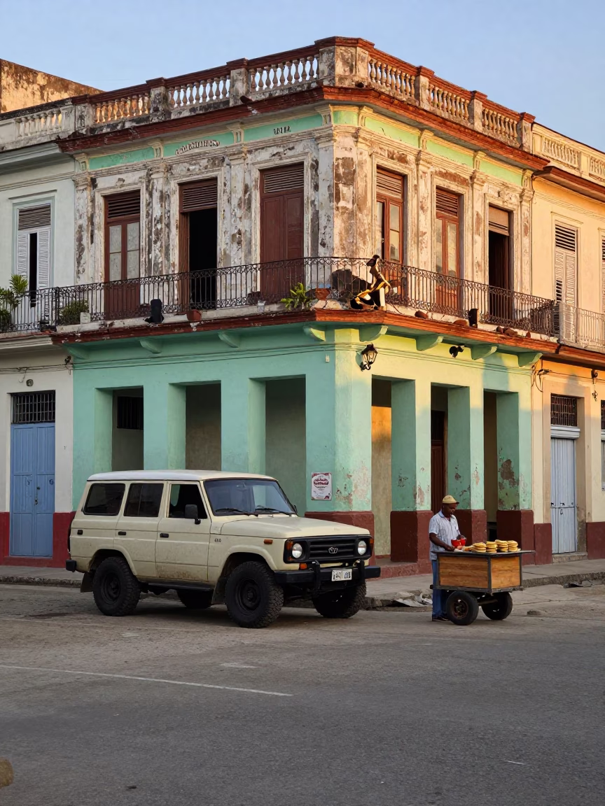 Havana Cuba Dawn Street Scene with Vintage SUV and Arepas in in Havana, Cuba