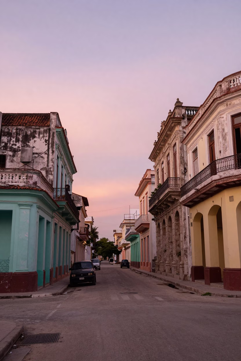 Havana Cuba dawn street scene with weathered colonial architecture and morning light in in Havana, Cuba