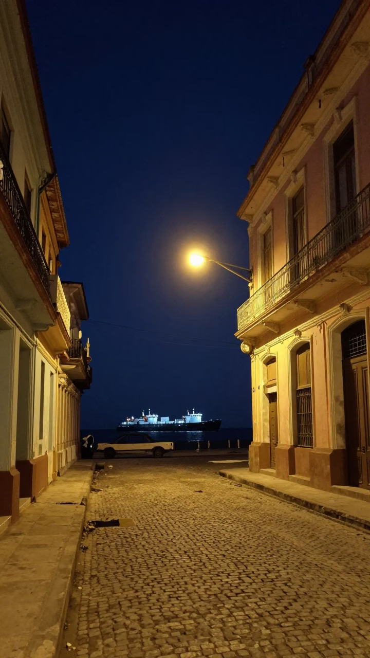 Havana Cuba Deep Night Street Scene with Cargo Ship Horizon and Local Life in in Havana, Cuba