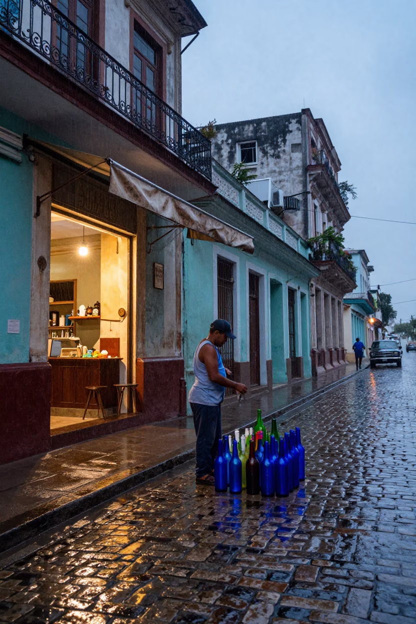 Havana Cuba Dusk Light Rain Street Scene with Colorful Bottles in in Havana, Cuba