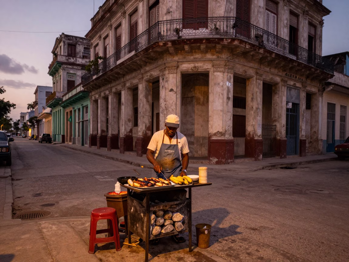 Havana Cuba Dusk Street Scene with Grilled Fish and Banana Leaf in in Havana, Cuba