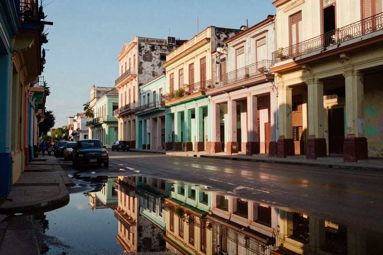 Havana Cuba Early Afternoon Street Scene with Puddle Reflections and Classic Architecture in in Havana, Cuba