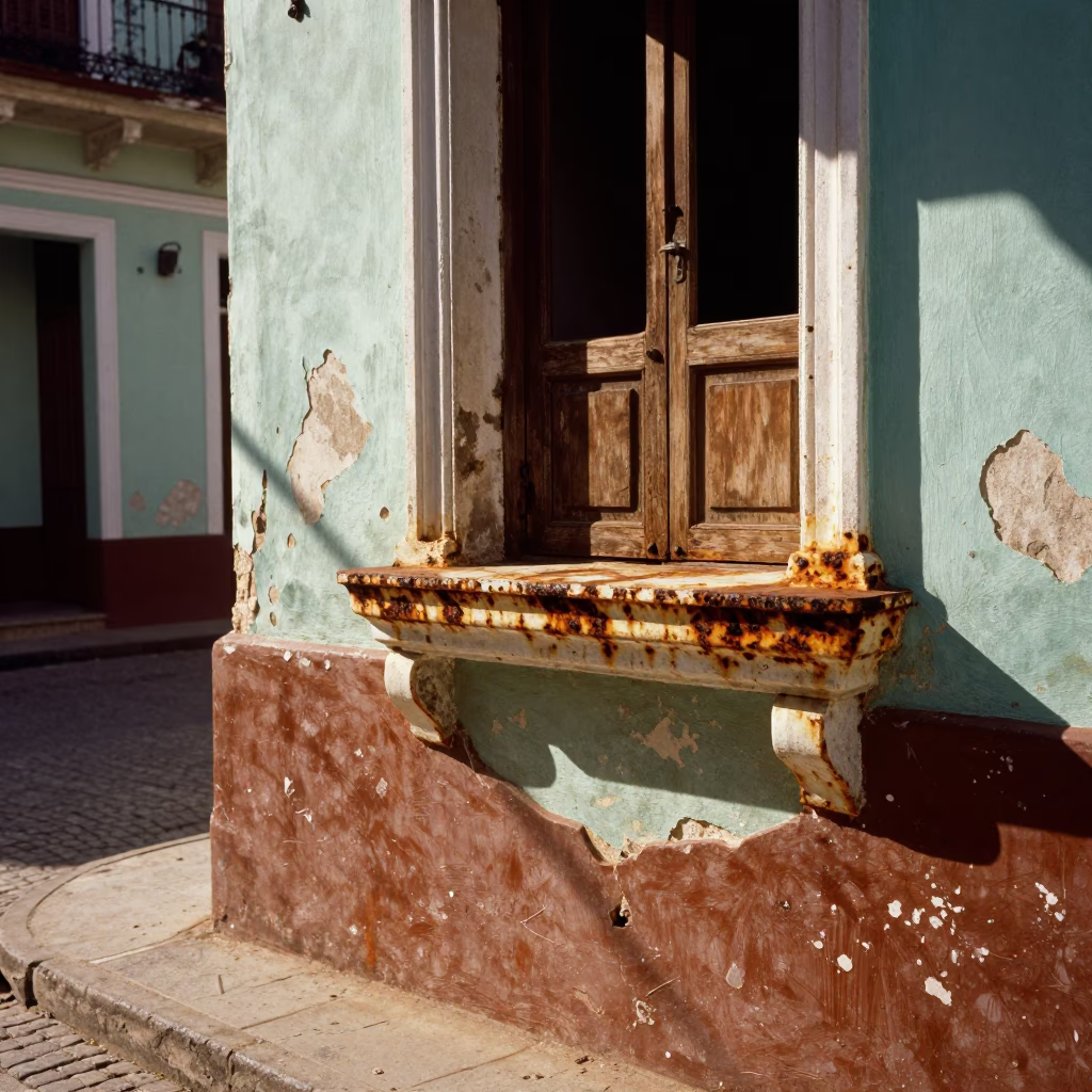 Havana Cuba Early Afternoon Street Scene with Rusting Window Sill and Local Architecture in in Havana, Cuba