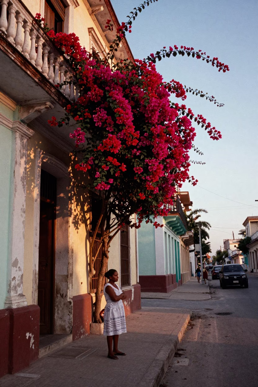 Havana Cuba Early Evening Street Scene with Bougainvillea and Local Life in in Havana, Cuba