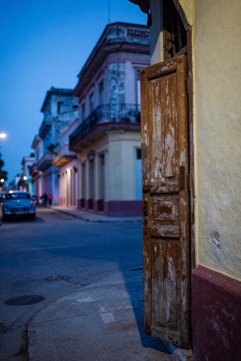 Havana Cuba Evening Blue Hour Street Scene with Colorful Architecture and Local Life in in Havana, Cuba