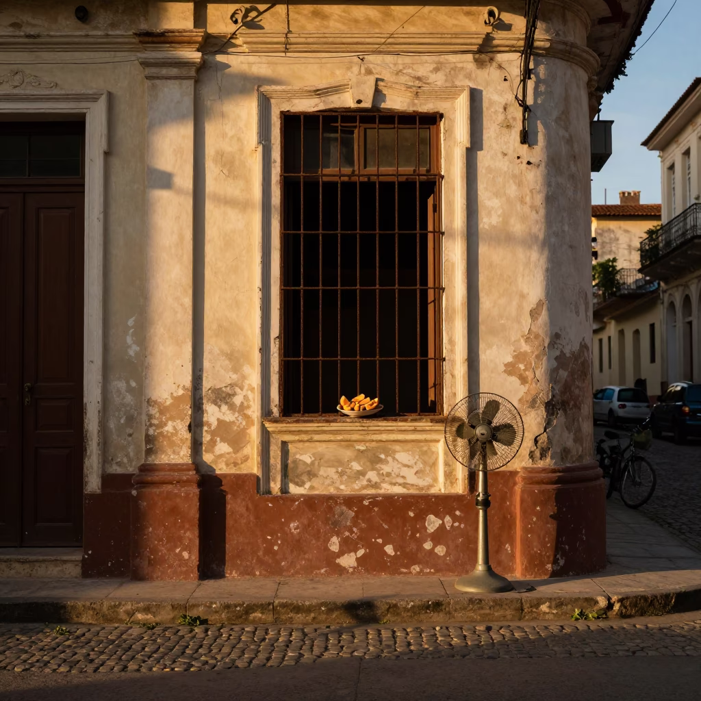 Havana Cuba Evening Light Street Scene with Table Fan and Glass in in Havana, Cuba