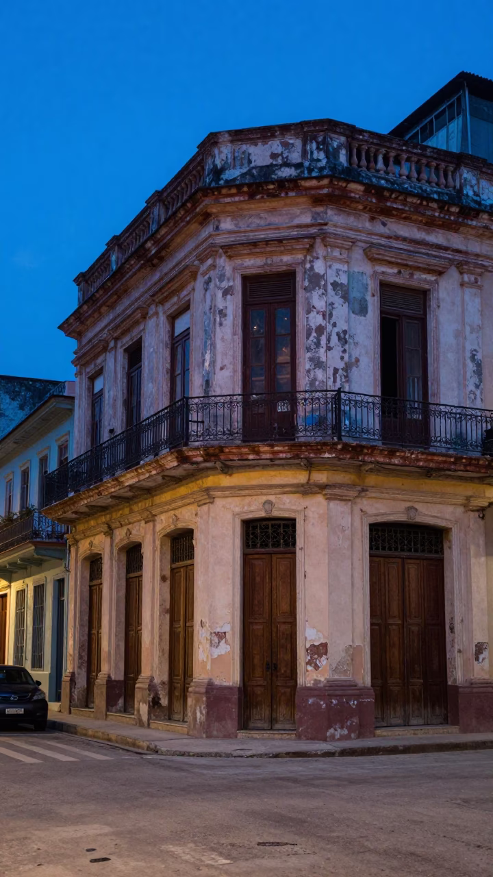 Havana Cuba evening street scene with colonial architecture and street vendor in in Havana, Cuba