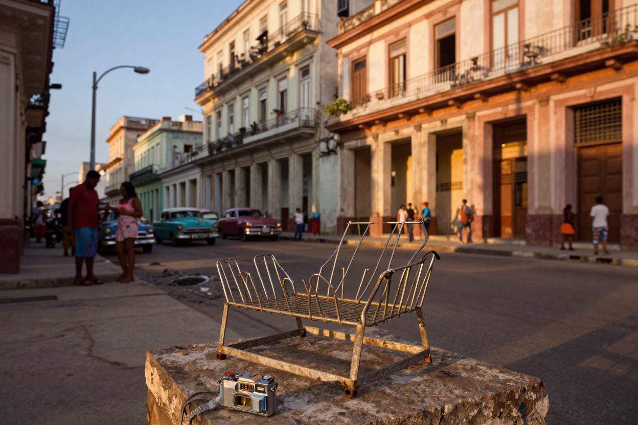 Havana Cuba Evening Street Scene with Dish Rack and Local Life in in Havana, Cuba