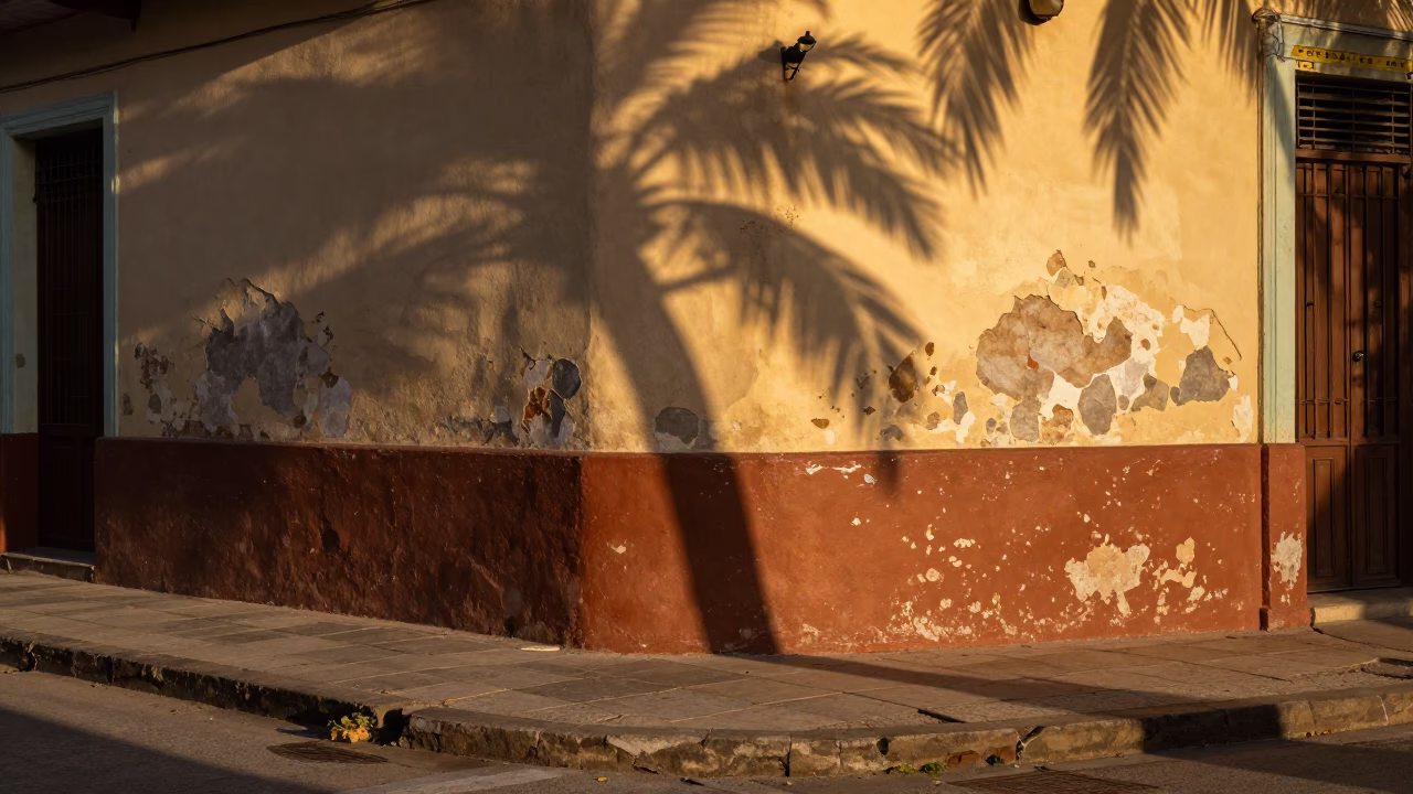 Havana Cuba Evening Street Scene with Leaf Shadows on Tile and Local Life in in Havana, Cuba