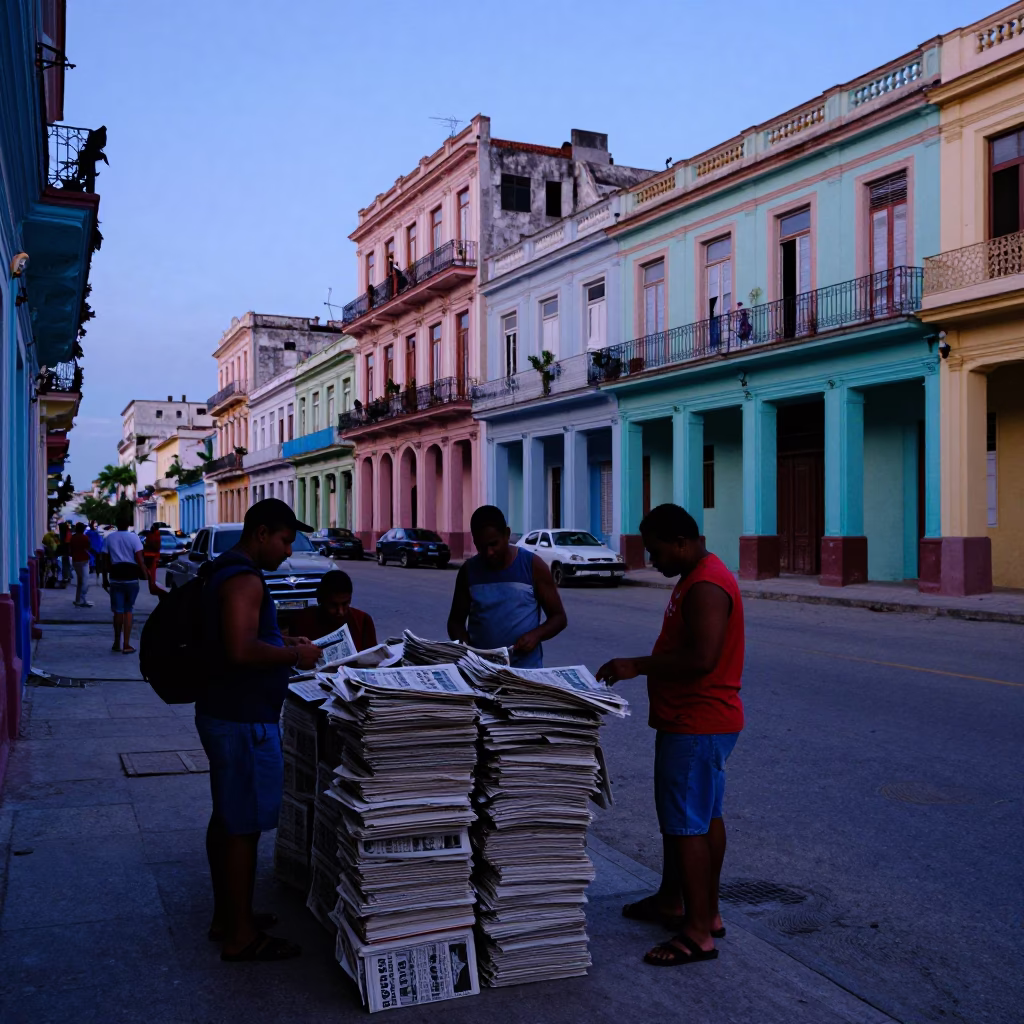 Havana Cuba Evening Street Scene with Newspaper Stack and Colorful 1950s Architecture in in Havana, Cuba