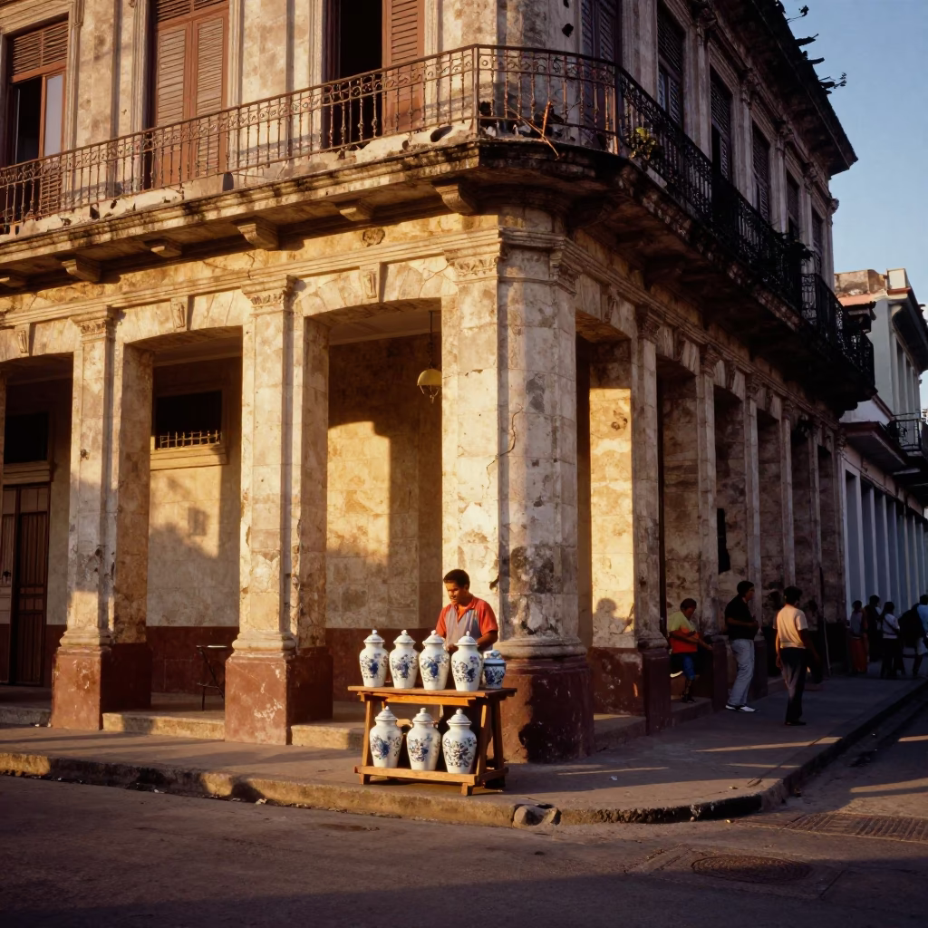Havana Cuba Evening Street Scene with Porcelain Jars and Local Life in in Havana, Cuba