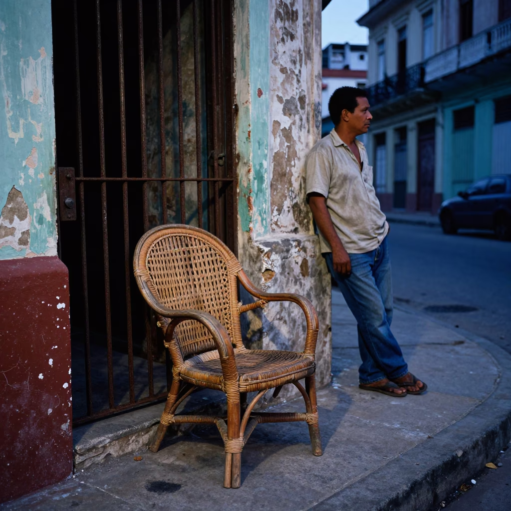 Havana Cuba Evening Street Scene with Rattan Chair and Smudged Pot Lid in in Havana, Cuba