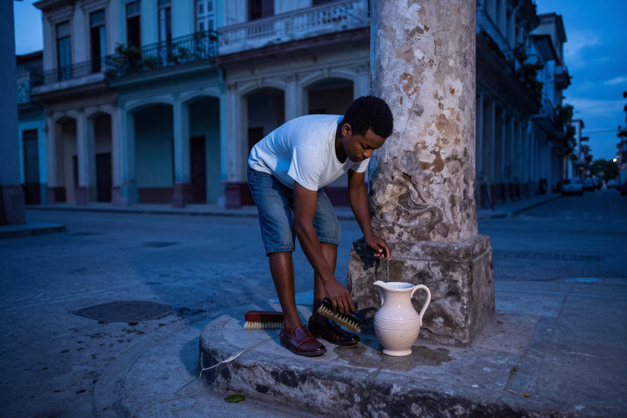 Havana Cuba Evening Street Scene with Shoe Brush and Ceramic Pitcher in in Havana, Cuba