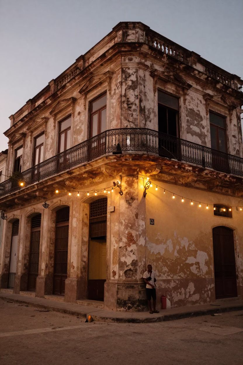 Havana Cuba Evening Street Scene with String Lights and Bottle in in Havana, Cuba