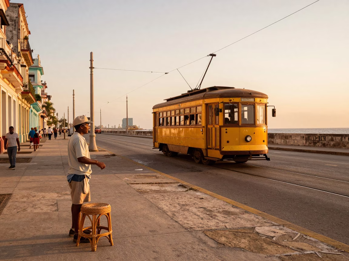 Havana Cuba Evening Street Scene with Tramcar and Rattan Stool in in Havana, Cuba