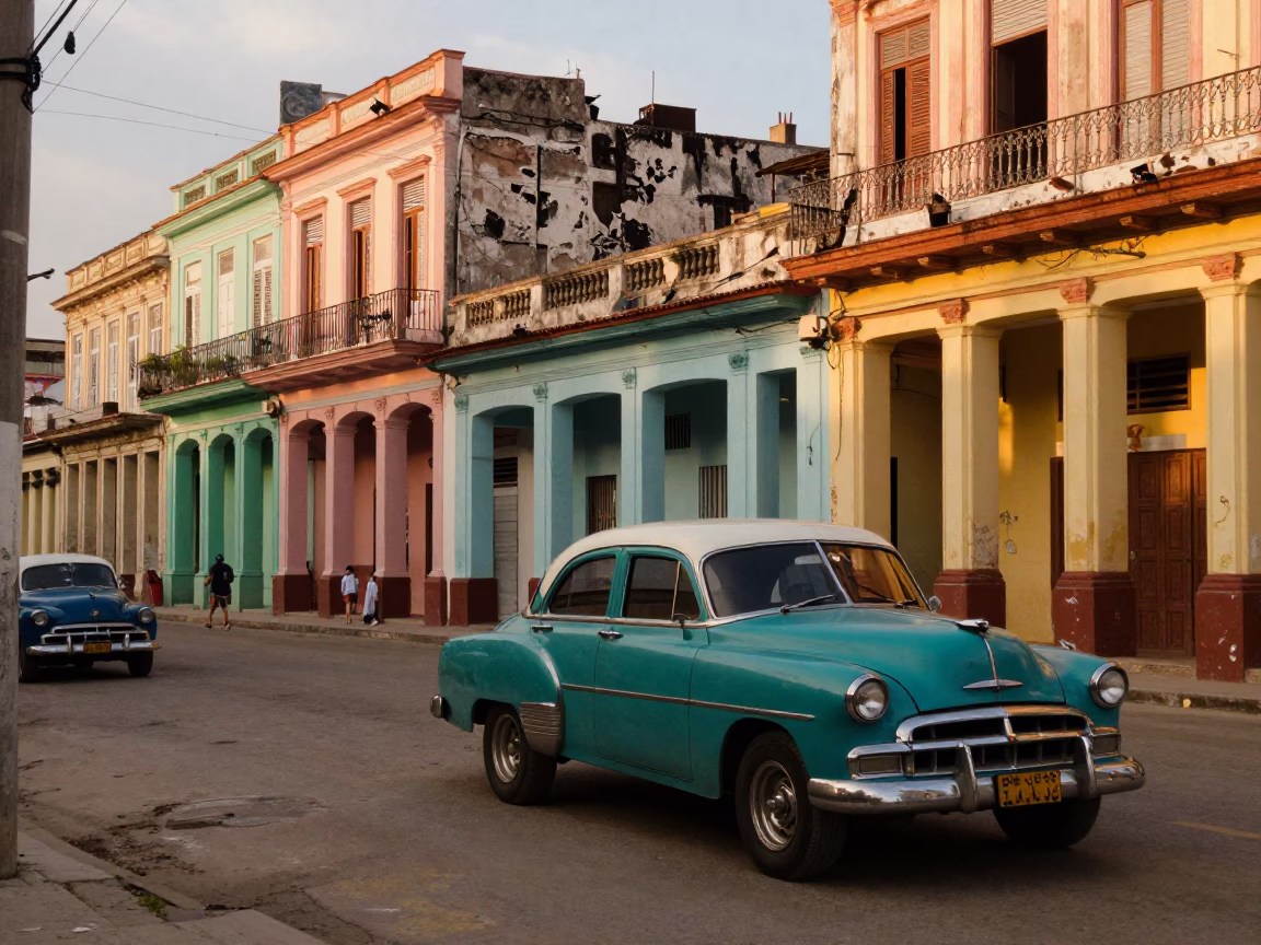 Havana Cuba Evening Street Scene with Vintage Car and Colorful Architecture in in Havana, Cuba
