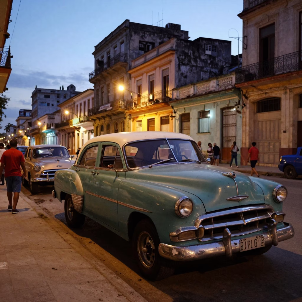 Havana Cuba Evening Street Scene with Vintage Car and Local Interaction in in Havana, Cuba